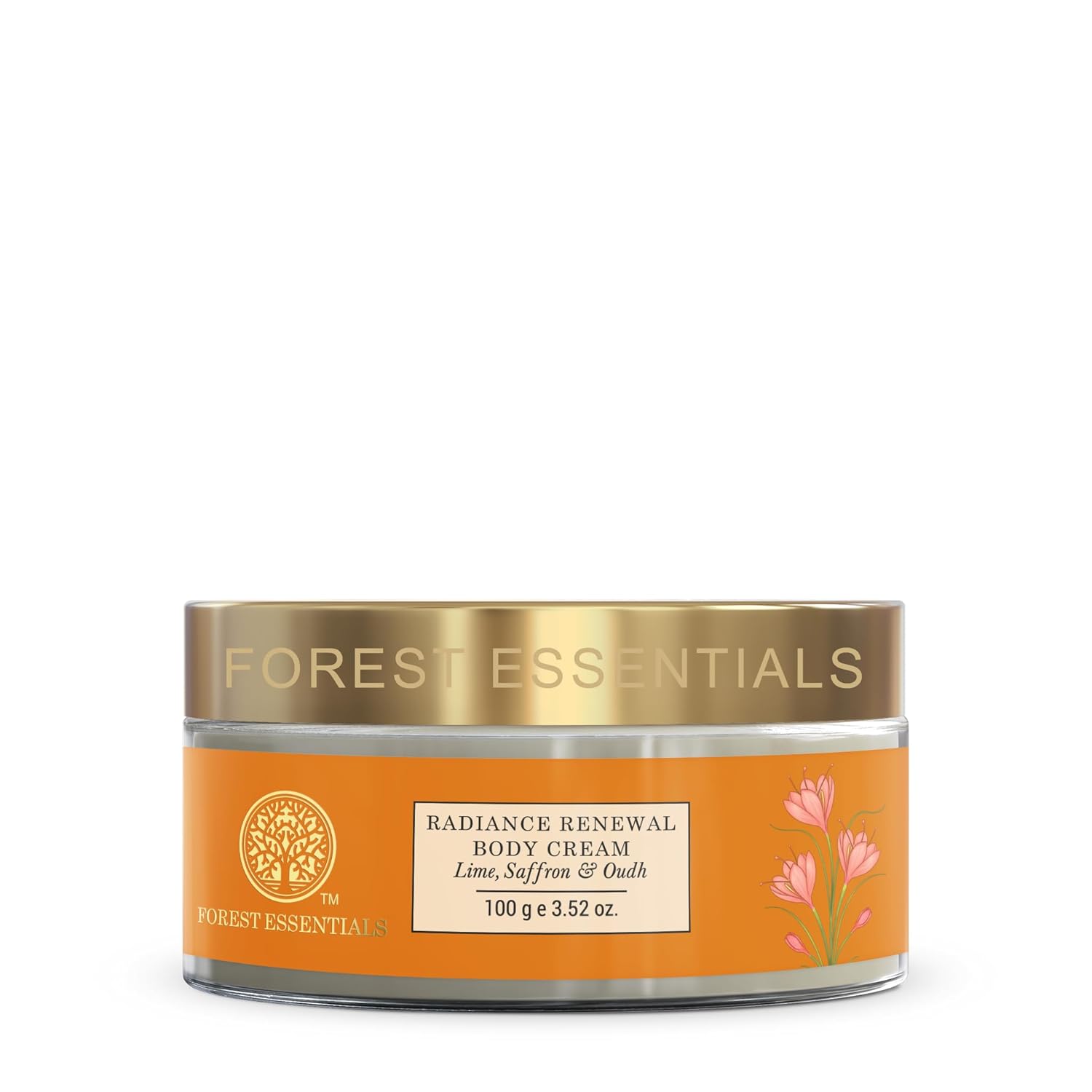 Body cream jar with gold lid and orange label