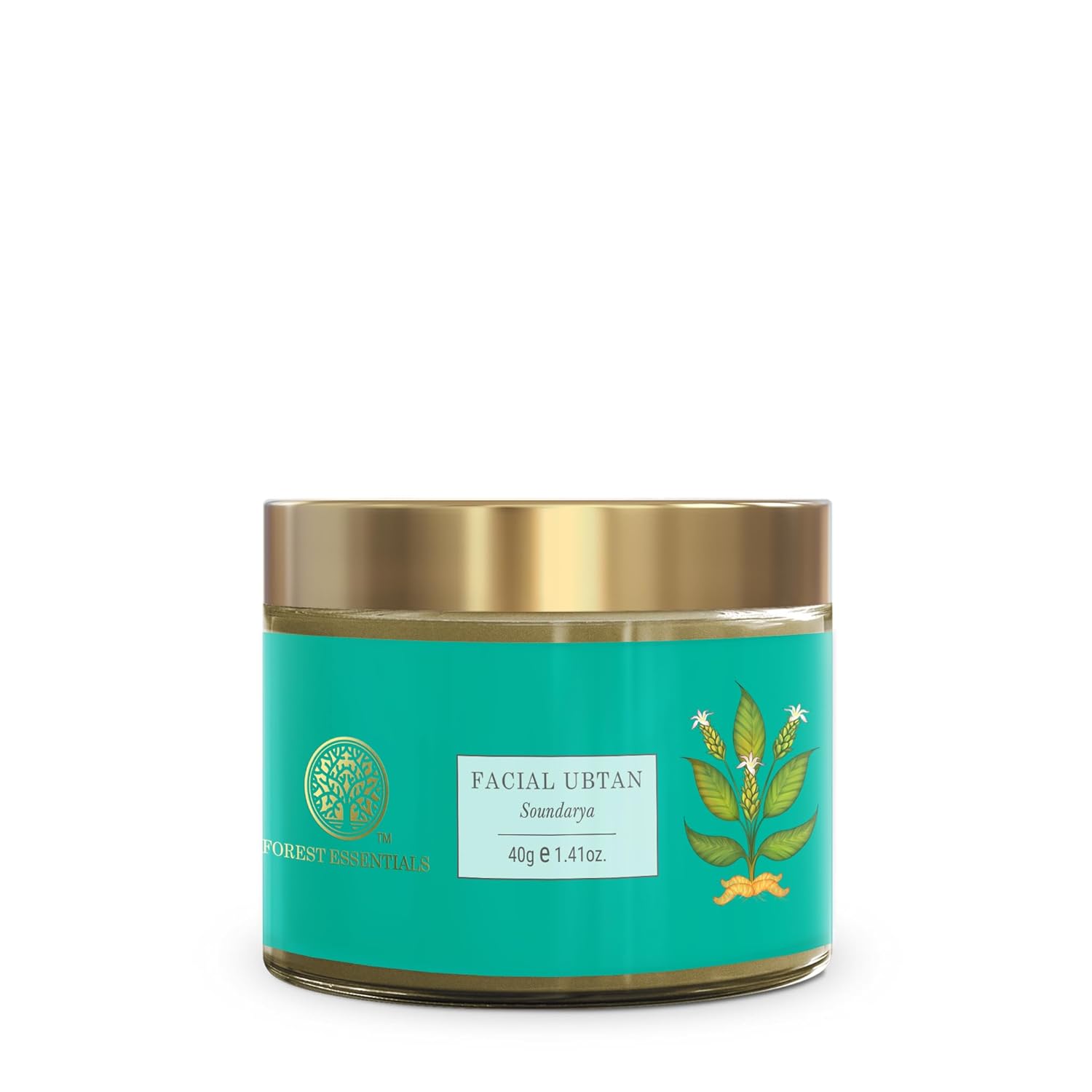 Forest Essentials Facial Ubtan jar, teal body with gold lid