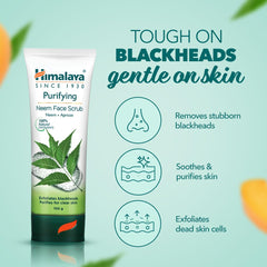 Face scrub tube beside icons for removing blackheads and exfoliating dead skin cells