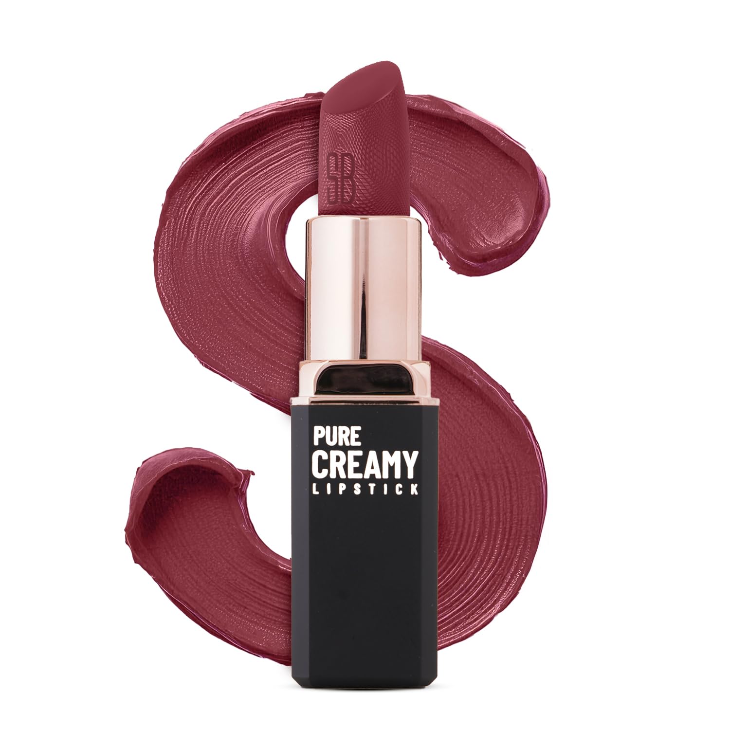 Creamy lipstick in rosy flush burgundy, tube with open cap and swatch