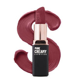 Creamy lipstick in rosy flush burgundy, tube with open cap and swatch