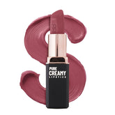 Dusty rose creamy lipstick with black tube and rose-colored swatch