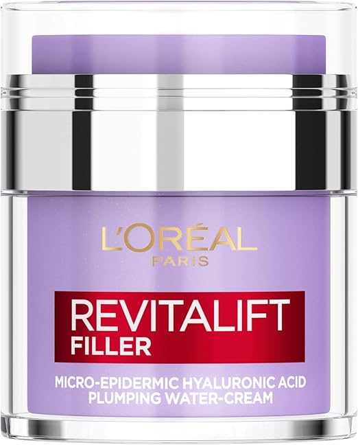 L'Oreal Paris water-cream jar with purple label and silver lid