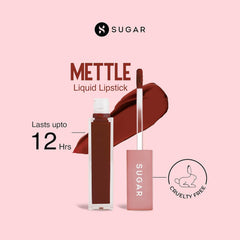 Liquid lipstick with applicator and bottle, shown with bold brown lip swatch