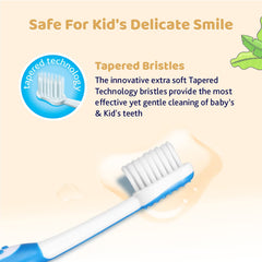 Toothbrush head with tapered soft bristles on a white-and-blue handle