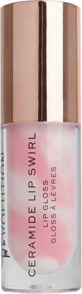 Clear lip gloss in a clear cylinder with rose-gold cap and printed label