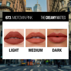 Midtown Pink creamy matte lipstick lip swatches in light, medium, and dark tones.