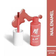 MyGlamm LIT nail enamel bottle with coral-pink polish smear and brush