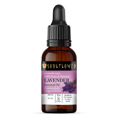 SoulFlower lavender essential oil bottle with dropper, amber liquid and black cap