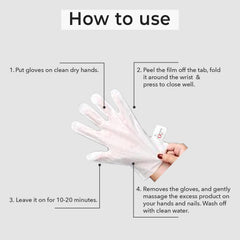 Pink hand mask gloves worn on a hand with instructions for use