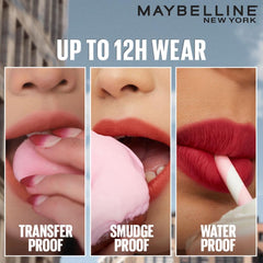 Transfer-proof lip tint swatch with white applicator wiping lips