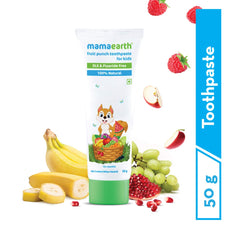 Fruit punch toothpaste tube with green base and fruit icons; 50 g
