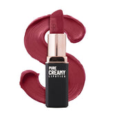 Pure Creamy lipstick in Merry Cherry shade, berry-red bullet with black gold tube and lip swatch