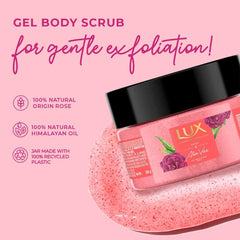 Pink gel body scrub jar with black lid, shown with label graphics.
