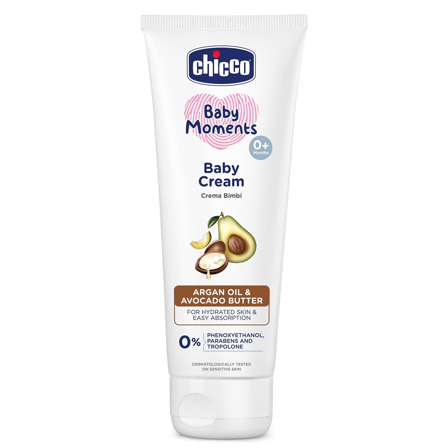 Chicco Baby Moments baby cream tube, white with avocado and argan oil graphics