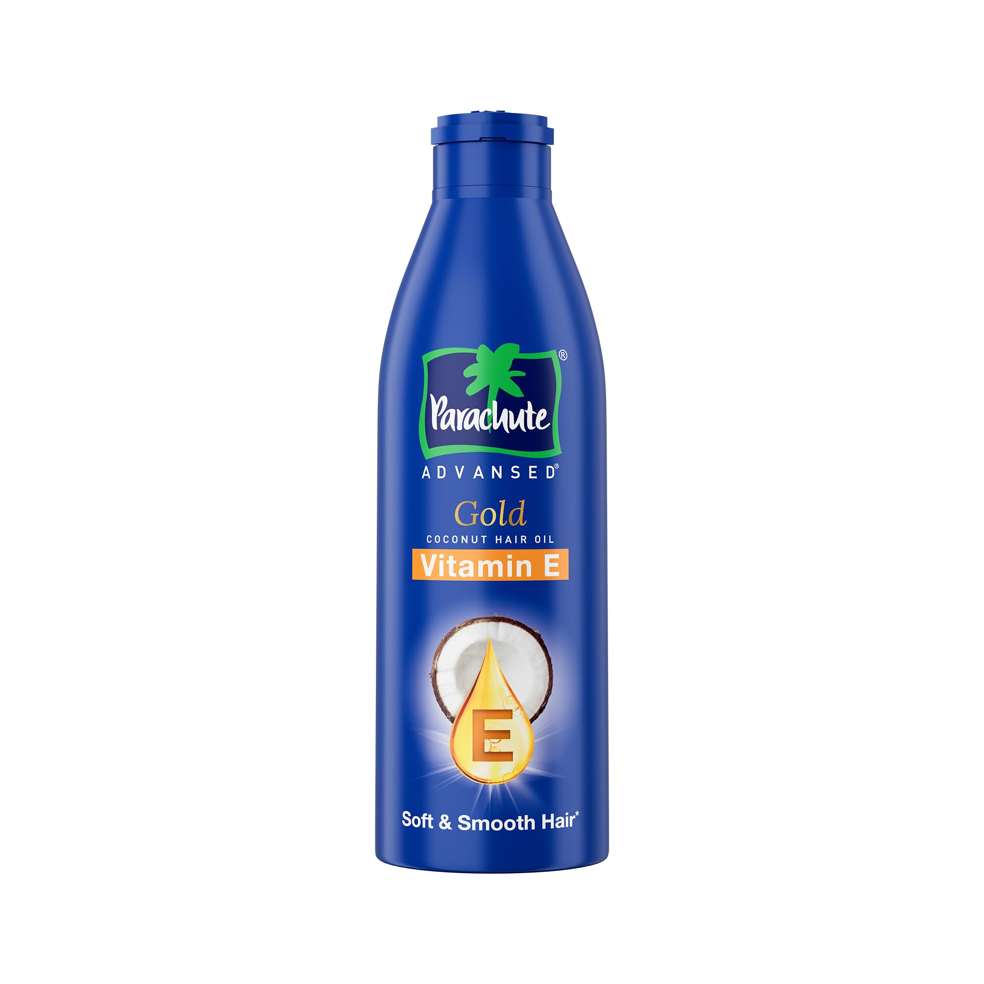 Parachute Advanced Gold Vitamin E hair oil bottle, blue plastic with flip-top cap