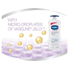 Vaseline Derma Care Advanced Repair body lotion bottle with micro-droplets graphic