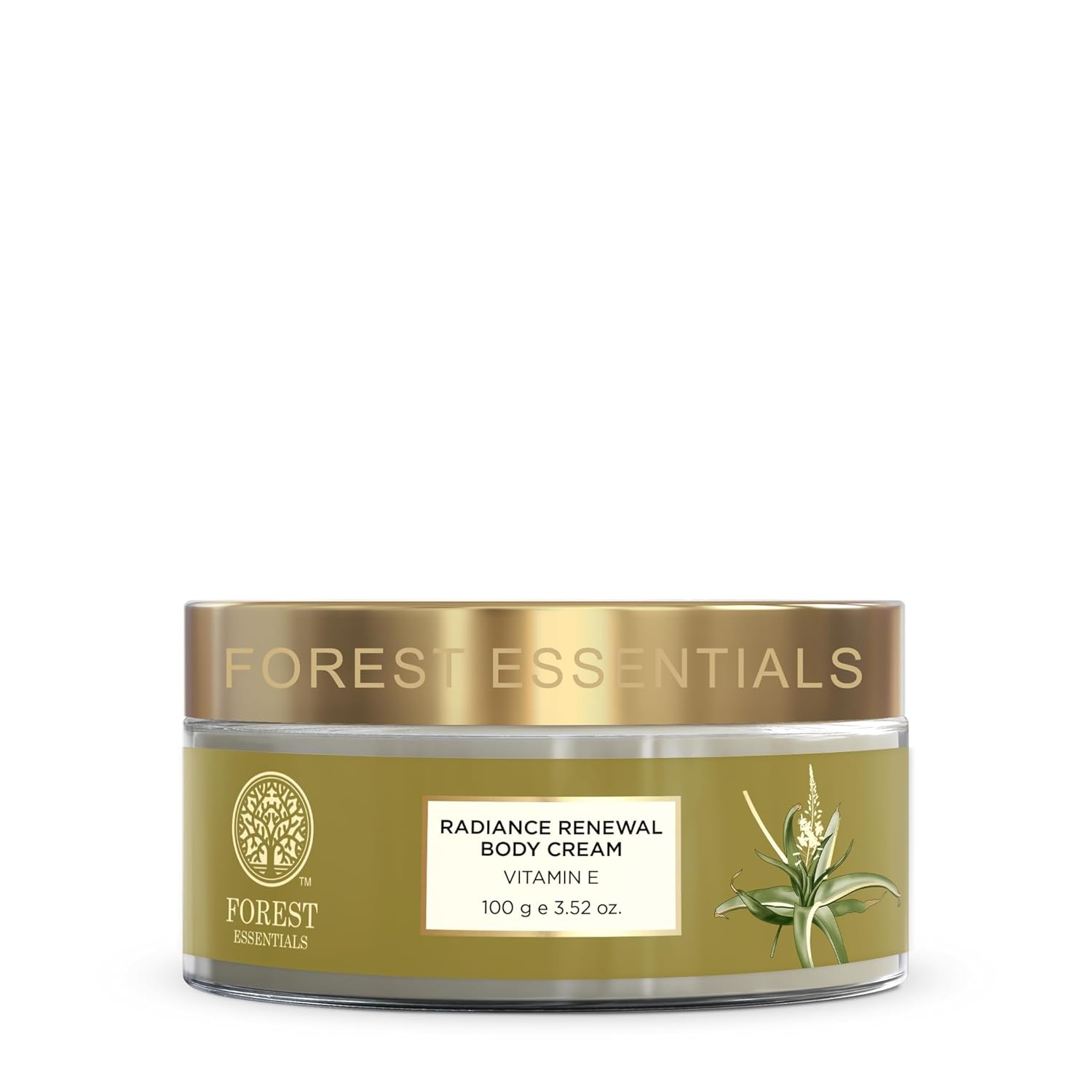 Radiance Renewal body cream jar with gold cap and green label, Vitamin E, 100 g.