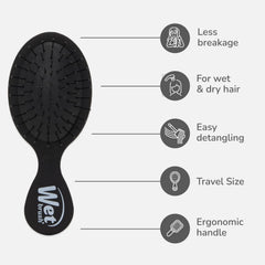 Black mini detangling brush with icons for less breakage, wet/dry, travel, grip