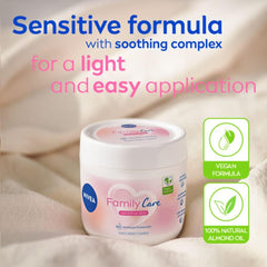 NIVEA Family Care sensitive skin cream jar with vegan and almond oil icons