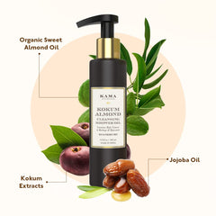 Kokum Almond Cleansing Shower Oil pump bottle with leaves and fruits around it