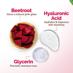 Moisturizing cream ingredient graphic with beetroot, hyaluronic acid, and glycerin drops