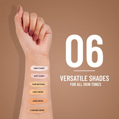 Hand showing caramel-beige makeup swatch beside a shade selection chart