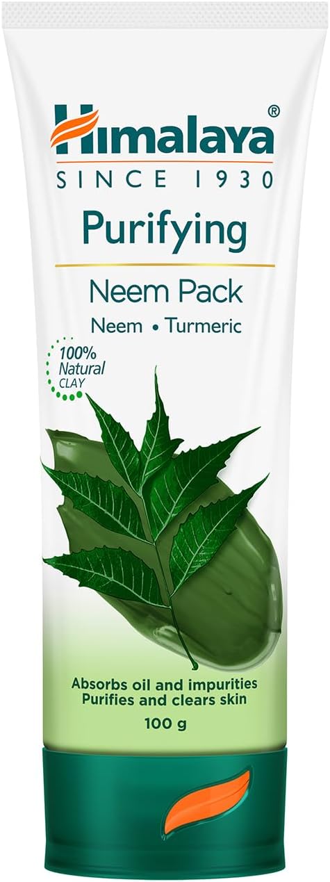 Himalaya Purifying Neem Pack tube, green and white with neem leaves and turmeric accent