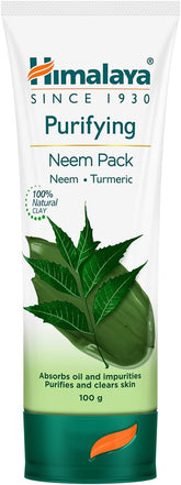 Himalaya Purifying Neem Pack tube, green and white with neem leaves and turmeric accent