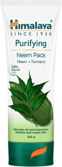 Himalaya Purifying Neem Pack tube, green and white with neem leaves and turmeric accent