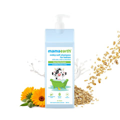 Baby shampoo bottle with pump and light blue label, with golden oats and splash