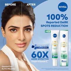 Skincare before-and-after graphic with NIVEA oil control serum tube and 100% claim