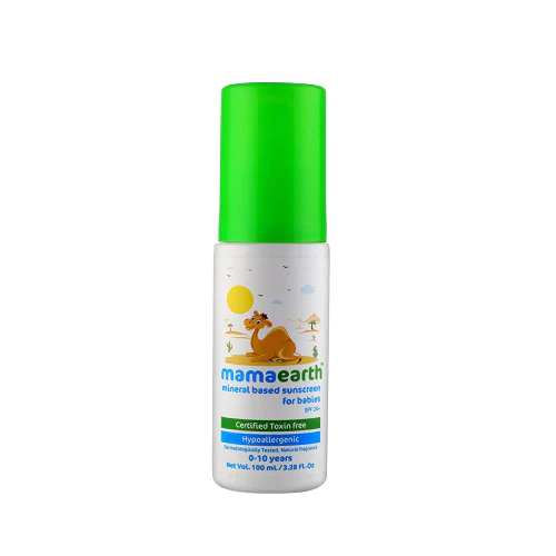 Mineral-based sunscreen bottle with green cap and baby-themed front label