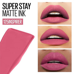 Matte ink lipstick swatches on lips in rose pink and plum