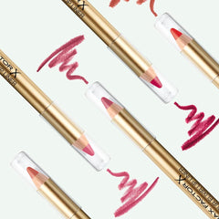 Gold lip liner pencils with tan and rose tips and red swatches