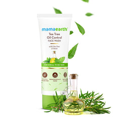 Tea tree oil control face wash tube, white and green, with tea leaves and oil bottle