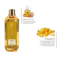 Forest Essentials almond oil bottle, gold cap, amber bottle with side label