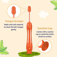 Orange toothbrush with textured tongue-scraper area, soft bristles, and suction cup base