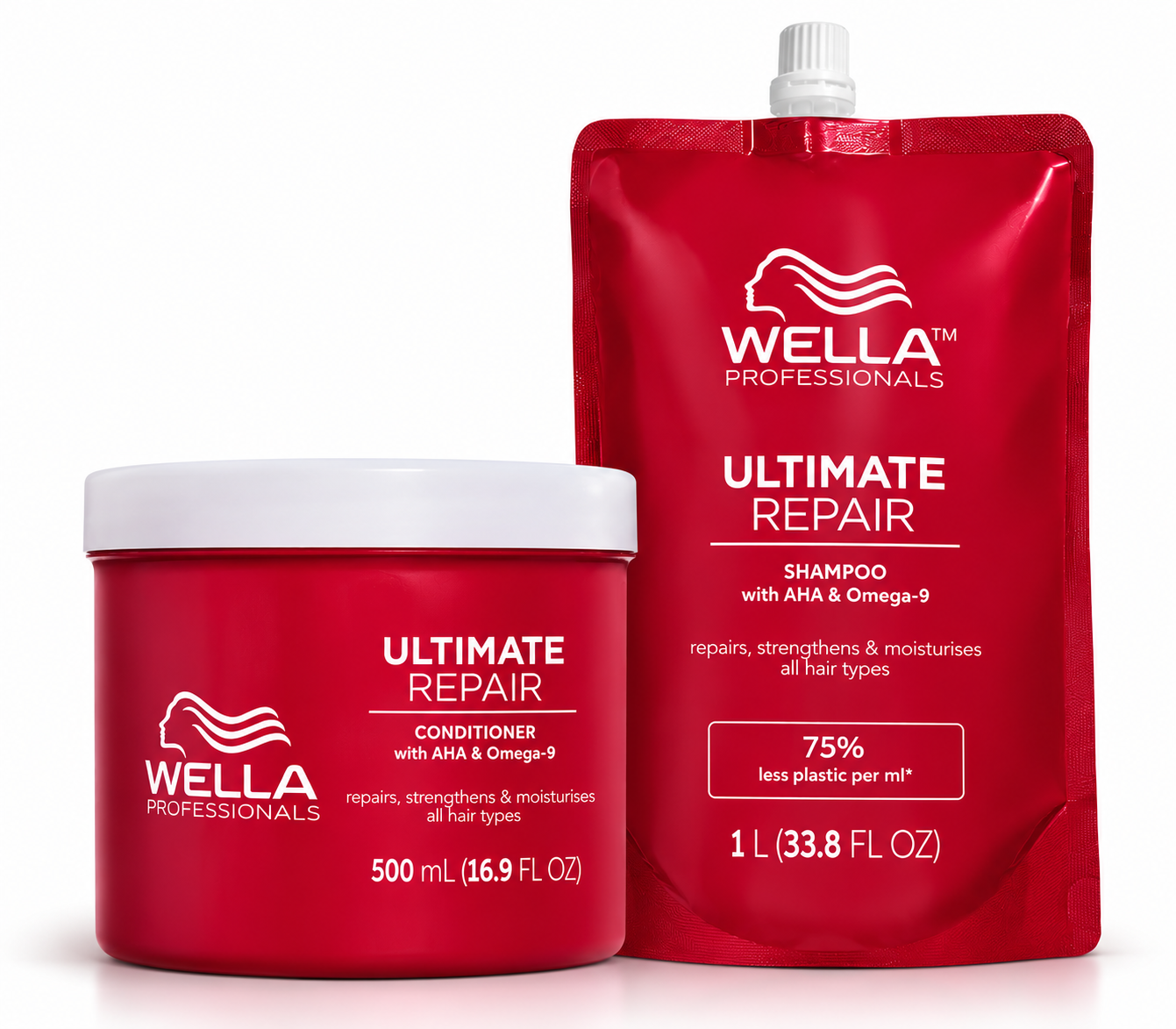 Wella Professionals Ultimate Repair hair care bundle: red shampoo refill pouch & conditioner jar