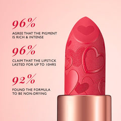 Heart-embossed red lipstick bullet in rose-gold tube