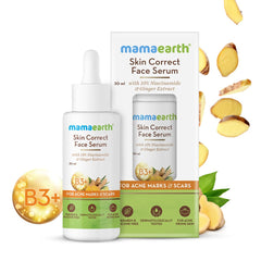Mamaearth Skin Correct Face Serum bottle with dropper and box, with ginger and fruit pieces
