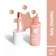 Nail enamel bottle with light pink polish, plus applicator brush tip