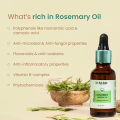 Rosemary essential oil bottle with amber glass and rosemary sprigs near wooden bowl.