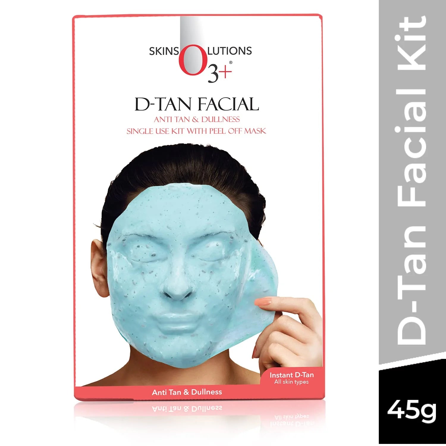D-Tan anti-tan peel-off facial mask kit box, model with blue peel mask