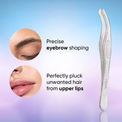 Slant-tip eyebrow tweezer with narrow angled tip, silver metal finish