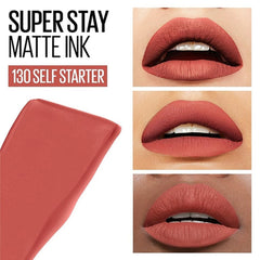 Matte ink liquid lipstick swatches for 130 Self Starter, three coral rose lip looks