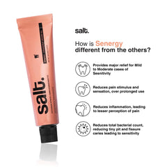 Peach toothpaste tube with black cap, printed Senergy sensitivity benefits