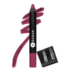 Matte crayon lipstick in dusky rose with cap and swatch, box shown