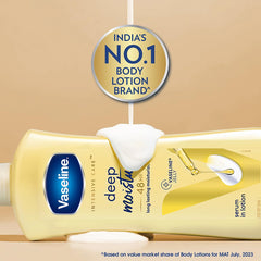 Vaseline deep moisture body lotion bottle with lotion stream and gold seal graphic