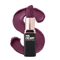 Swiss Beauty Pure Creamy lipstick in dark wine, with open bullet showing tube and swipe